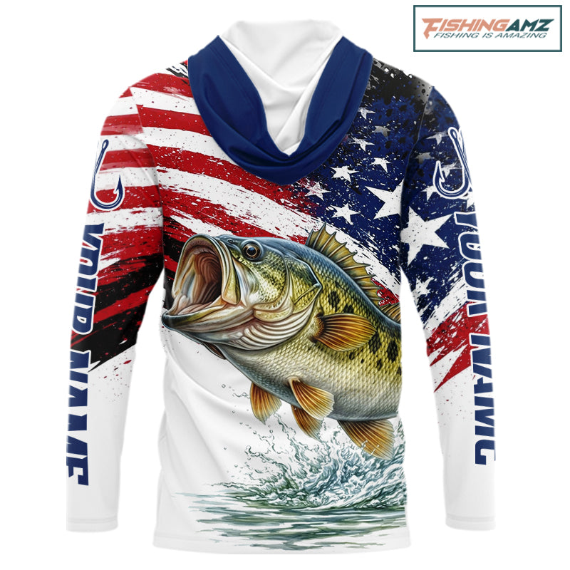 Personalized Patriotic Bass Fishing Shirts Long Sleeve Hooded, American Flag Fishing Jerseys For Men NHT773