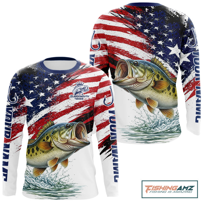 Personalized Patriotic Bass Fishing Shirts Long Sleeve, American Flag Fishing Jerseys For Men NHT773