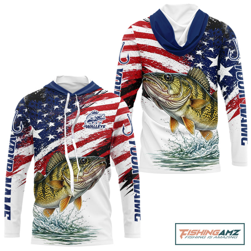 Personalized Patriotic Walleye Fishing Shirts Long Sleeve Hooded, American Flag Fishing Jerseys For Men NHT774