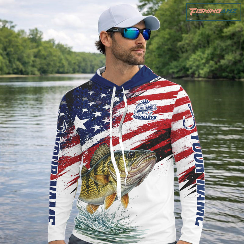 Personalized Patriotic Walleye Fishing Shirts Long Sleeve Hooded, American Flag Fishing Jerseys For Men NHT774