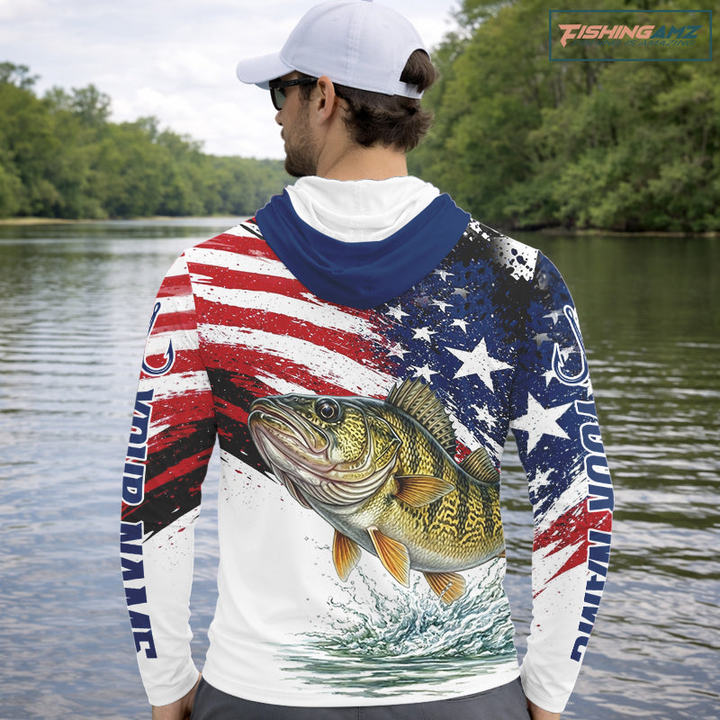 Personalized Patriotic Walleye Fishing Shirts Long Sleeve Hooded, American Flag Fishing Jerseys For Men NHT774