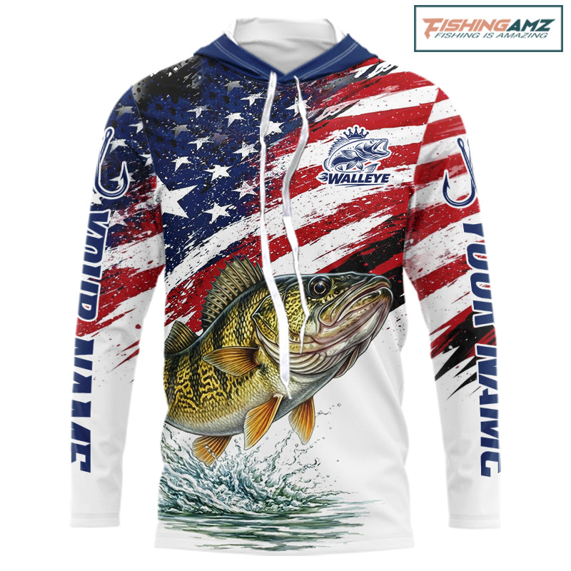 Personalized Patriotic Walleye Fishing Shirts Long Sleeve Hooded, American Flag Fishing Jerseys For Men NHT774