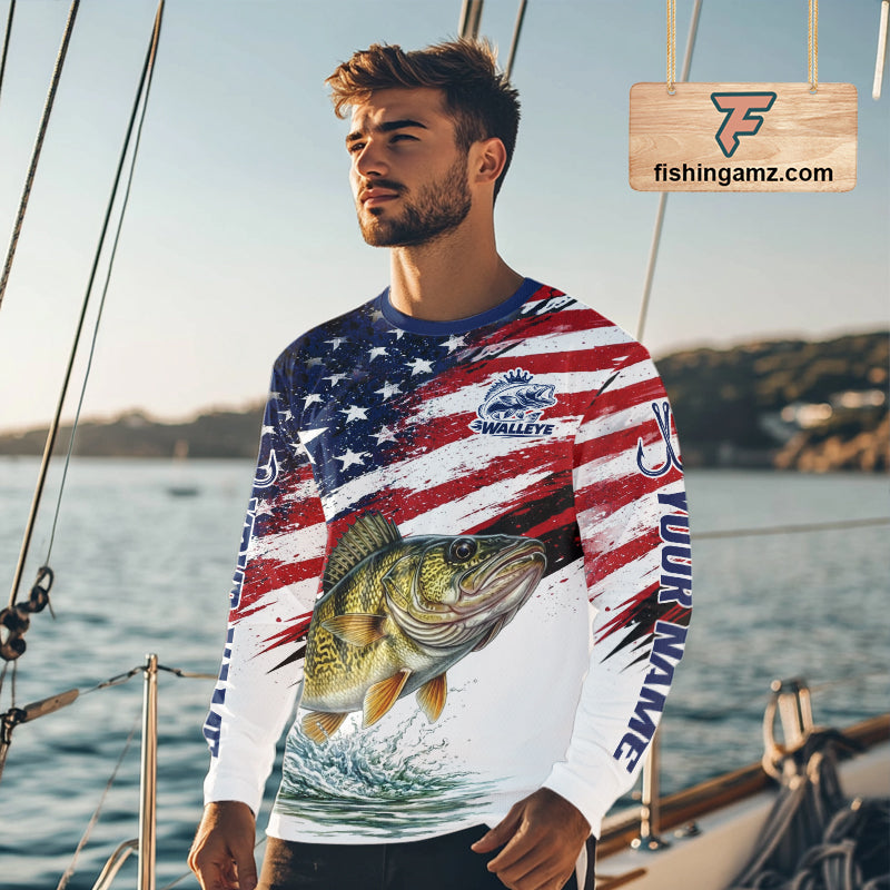 Personalized Patriotic Walleye Fishing Shirts Long Sleeve, American Flag Fishing Jerseys For Men NHT774