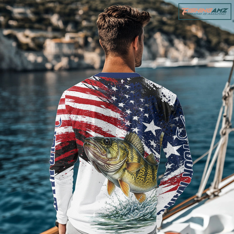 Personalized Patriotic Walleye Fishing Shirts Long Sleeve, American Flag Fishing Jerseys For Men NHT774