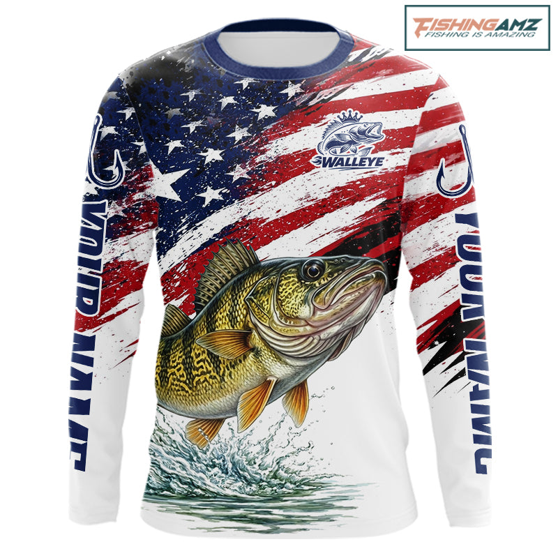 Personalized Patriotic Walleye Fishing Shirts Long Sleeve, American Flag Fishing Jerseys For Men NHT774
