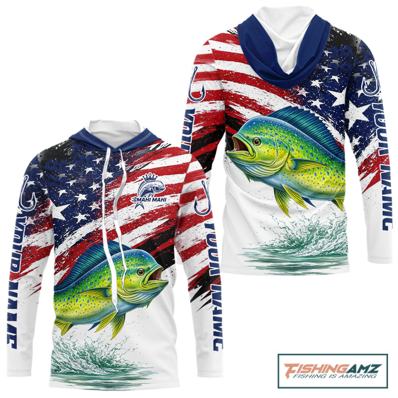 Personalized Patriotic Mahi Mahi( Dorado) Fishing Shirts Long Sleeve Hooded, American Flag Fishing Jerseys For Men NHT775
