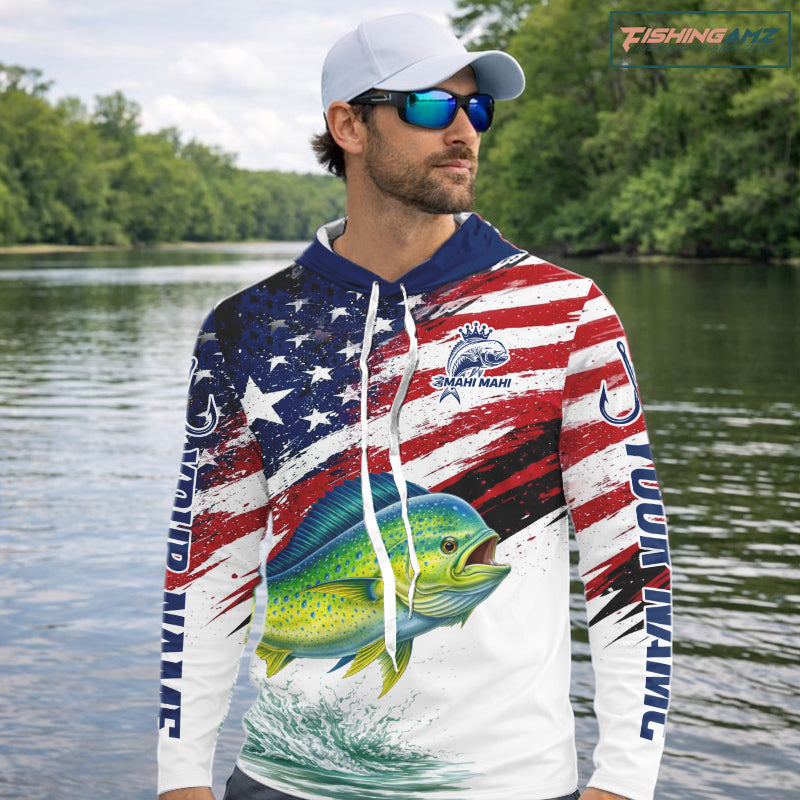 Personalized Patriotic Mahi Mahi( Dorado) Fishing Shirts Long Sleeve Hooded, American Flag Fishing Jerseys For Men NHT775