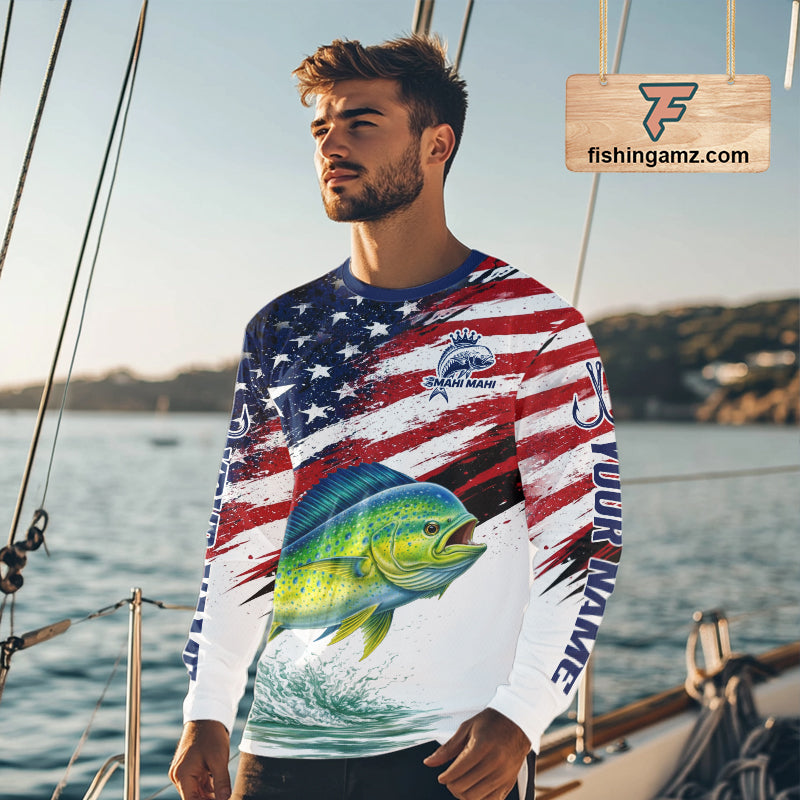 Personalized Patriotic Mahi Mahi( Dorado) Fishing Shirts Long Sleeve , American Flag Fishing Jerseys For Men NHT775