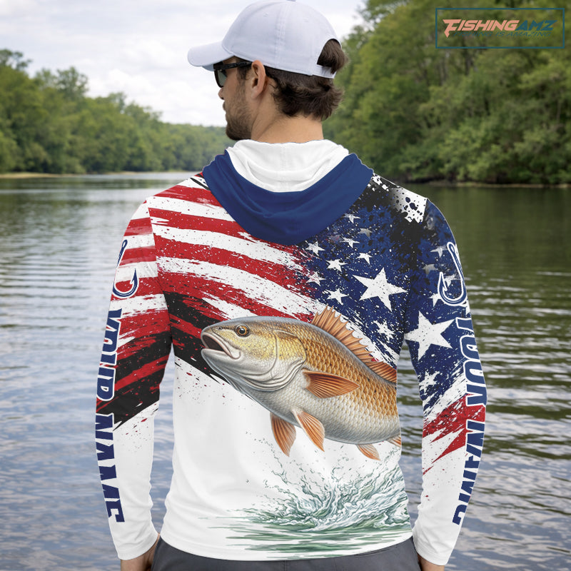 Personalized Patriotic Redfish Fishing Shirts Long Sleeve Hooded, American Flag Fishing Jerseys For Men NHT776