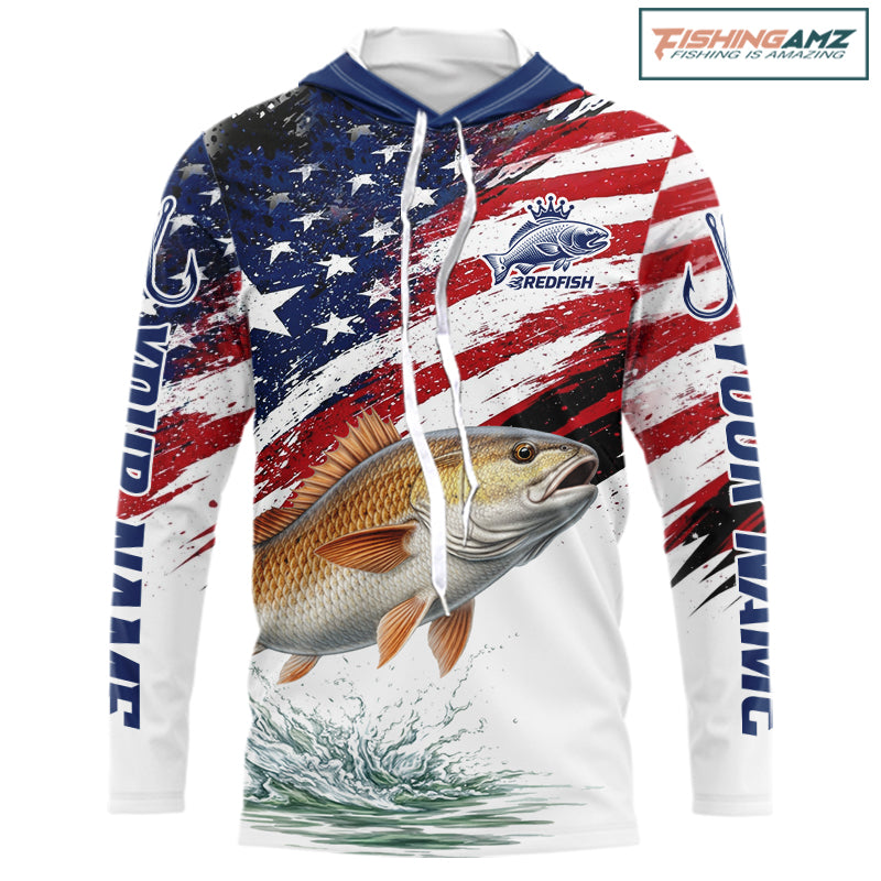 Personalized Patriotic Redfish Fishing Shirts Long Sleeve Hooded, American Flag Fishing Jerseys For Men NHT776
