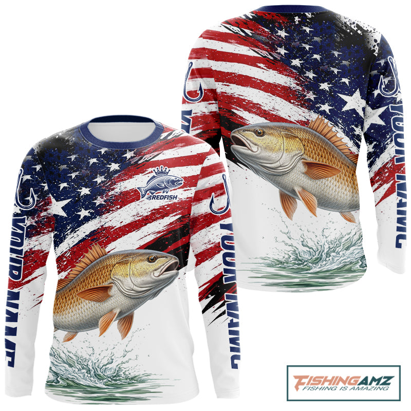 Personalized Patriotic Redfish Fishing Shirts Long Sleeve , American Flag Fishing Jerseys For Men NHT776