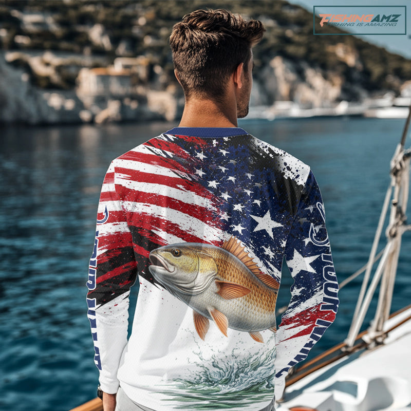 Personalized Patriotic Redfish Fishing Shirts Long Sleeve , American Flag Fishing Jerseys For Men NHT776