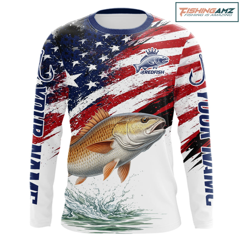 Personalized Patriotic Redfish Fishing Shirts Long Sleeve , American Flag Fishing Jerseys For Men NHT776