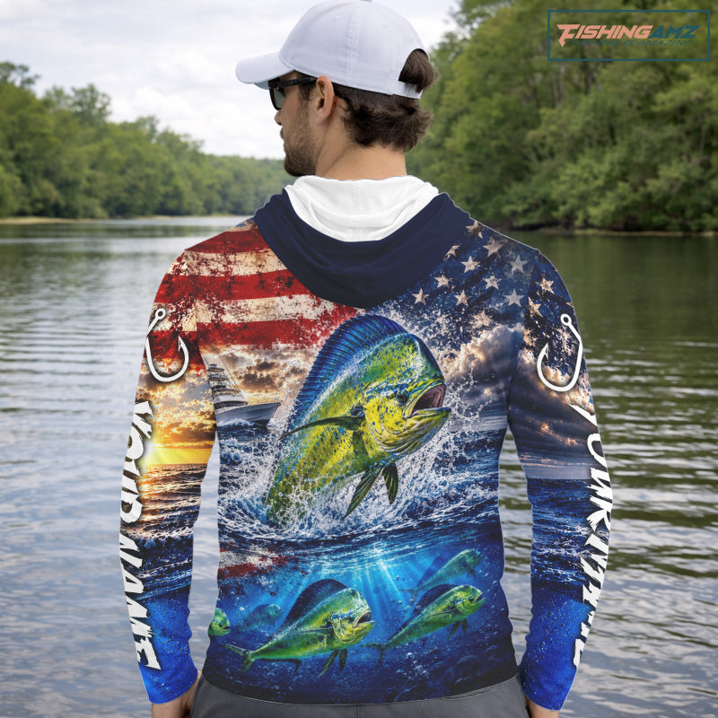 Personalized Dolphin Fish Patriotics Jersey Mahi Mahi Long Sleeve Hooded Fishing Shirt Apparel NHT1105