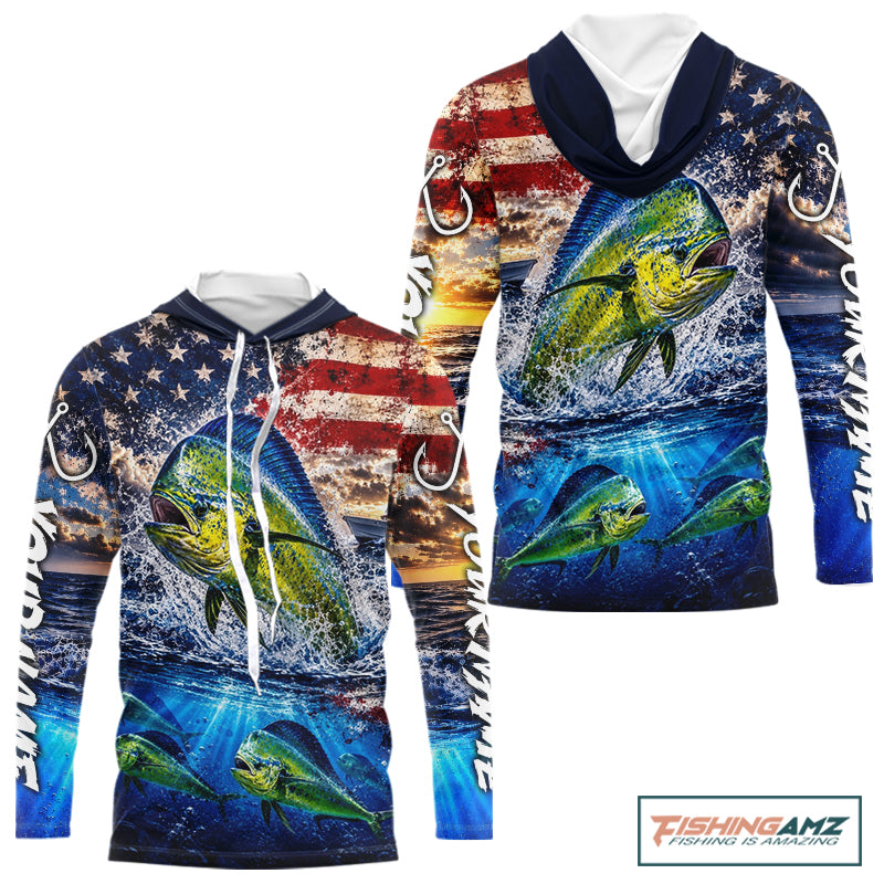 Personalized Dolphin Fish Patriotics Jersey Mahi Mahi Long Sleeve Hooded Fishing Shirt Apparel NHT1105