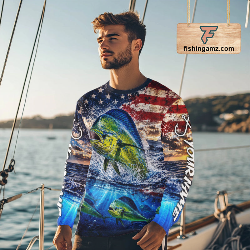 Personalized Dolphin Fish Patriotics Jersey Mahi Mahi Long Sleeve Fishing Shirt Apparel NHT1105