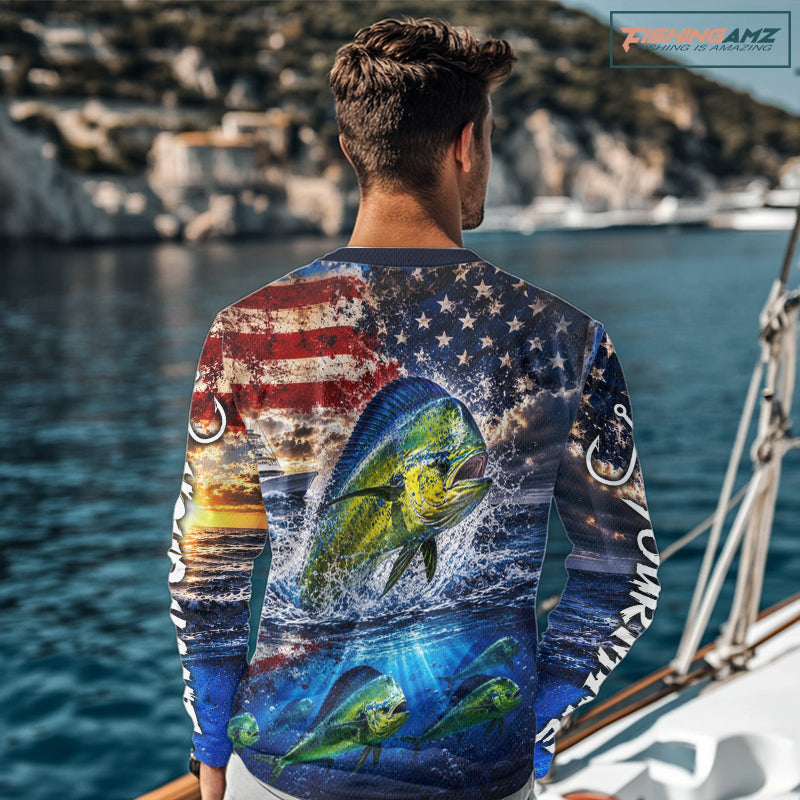 Personalized Dolphin Fish Patriotics Jersey Mahi Mahi Long Sleeve Fishing Shirt Apparel NHT1105