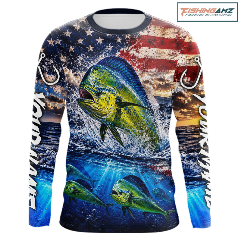 Personalized Dolphin Fish Patriotics Jersey Mahi Mahi Long Sleeve Fishing Shirt Apparel NHT1105