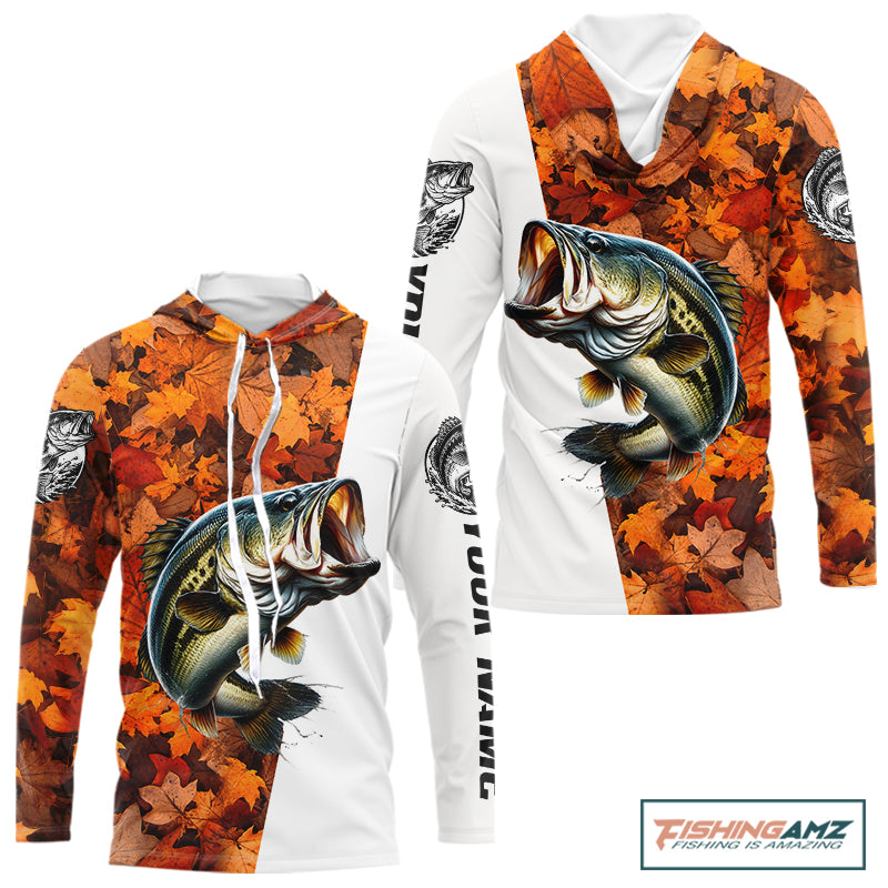 Autumn Bass Hooded Fishing Shirt For Men, Fall Largemouth Bass Long Sleeve Fishing Jersey NHT1757