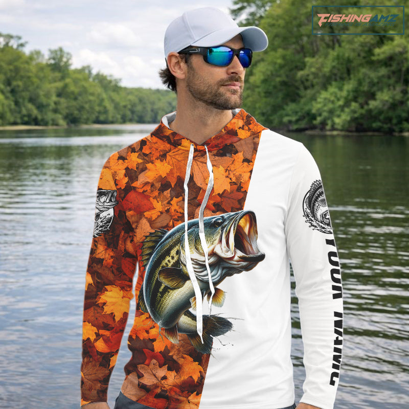 Autumn Bass Hooded Fishing Shirt For Men, Fall Largemouth Bass Long Sleeve Fishing Jersey NHT1757