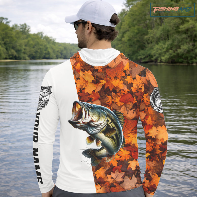 Autumn Bass Hooded Fishing Shirt For Men, Fall Largemouth Bass Long Sleeve Fishing Jersey NHT1757