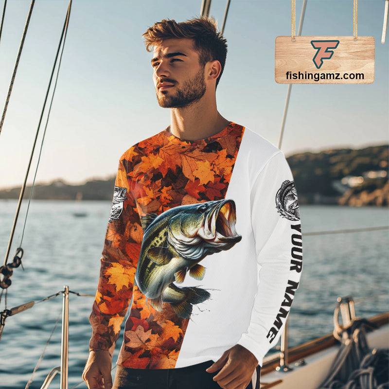 Autumn Bass Fishing Shirt For Men, Fall Largemouth Bass Long Sleeve Fishing Jersey NHT1757