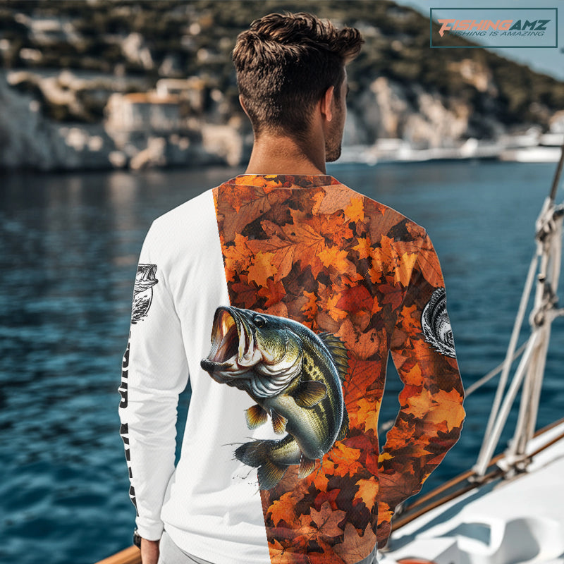 Autumn Bass Fishing Shirt For Men, Fall Largemouth Bass Long Sleeve Fishing Jersey NHT1757