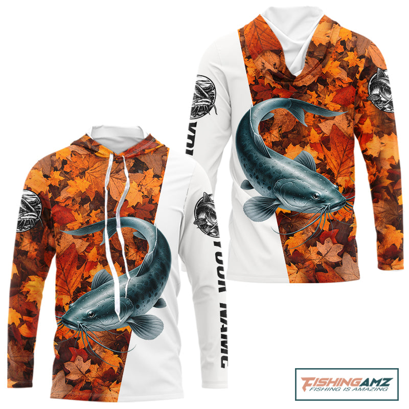 Autumn Catfish Hooded Fishing Shirt For Men, Fall Catfish Long Sleeve Fishing Jersey NHT1758