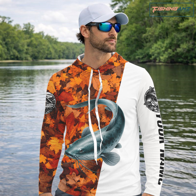 Autumn Catfish Hooded Fishing Shirt For Men, Fall Catfish Long Sleeve Fishing Jersey NHT1758