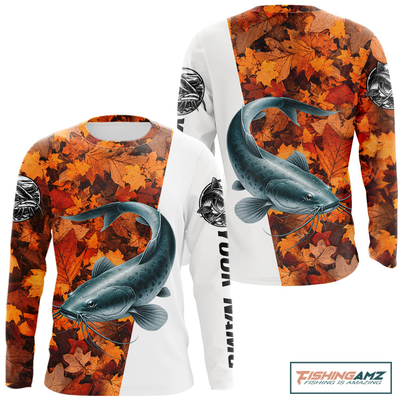 Autumn Catfish Fishing Shirt For Men, Fall Catfish Long Sleeve Fishing Jersey NHT1758
