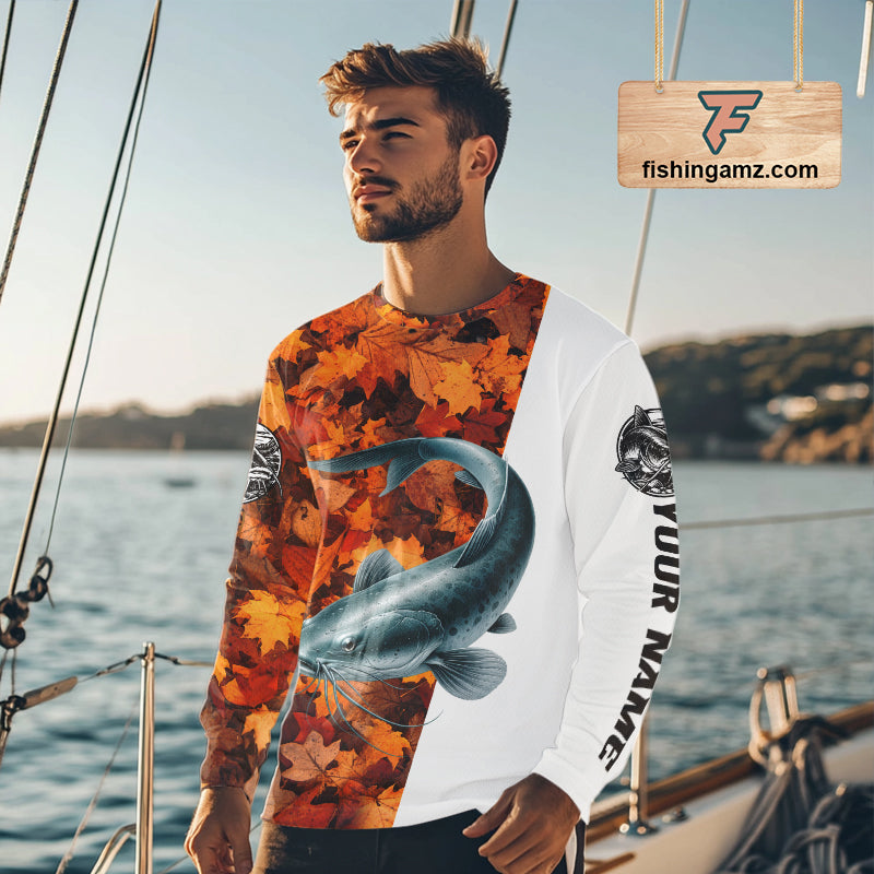 Autumn Catfish Fishing Shirt For Men, Fall Catfish Long Sleeve Fishing Jersey NHT1758