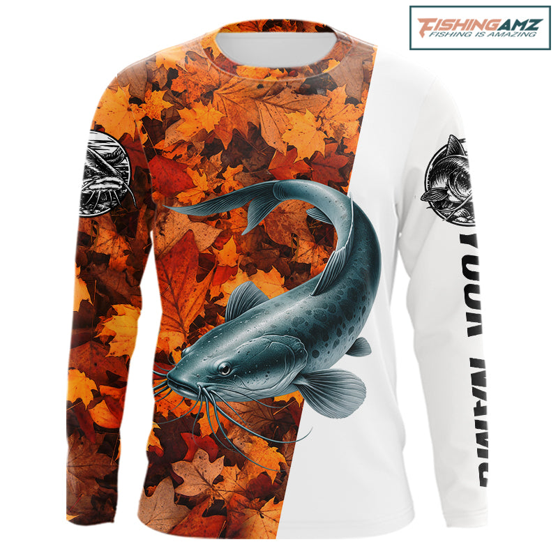 Autumn Catfish Fishing Shirt For Men, Fall Catfish Long Sleeve Fishing Jersey NHT1758