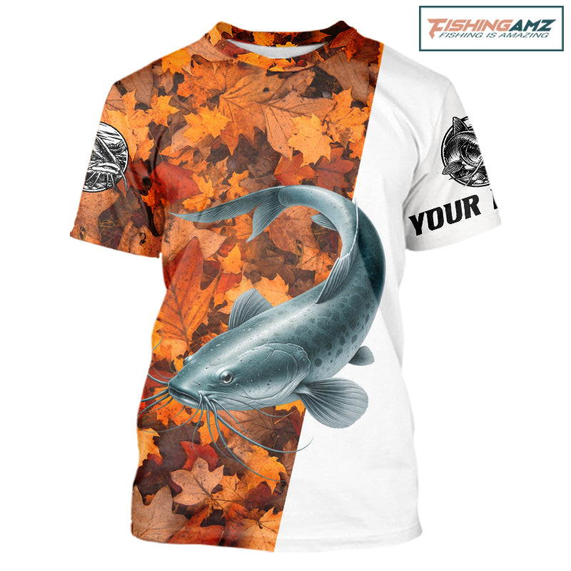 Autumn Catfish Fishing Shirt For Men, Fall Catfish Short Sleeve Fishing Jersey NHT1758