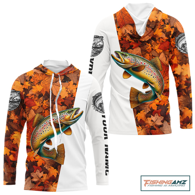 Autumn Brown Trout Hooded Fishing Shirt For Men, Fall Trout Long Sleeve Fishing Jersey NHT1760