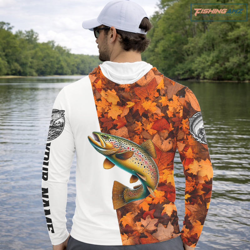 Autumn Brown Trout Hooded Fishing Shirt For Men, Fall Trout Long Sleeve Fishing Jersey NHT1760