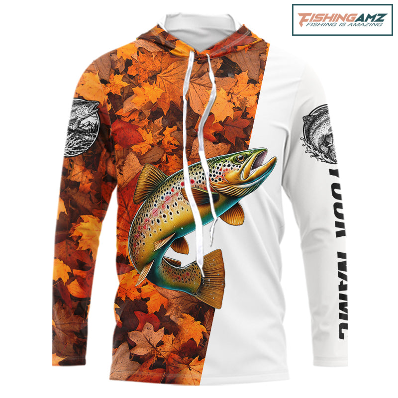 Autumn Brown Trout Hooded Fishing Shirt For Men, Fall Trout Long Sleeve Fishing Jersey NHT1760