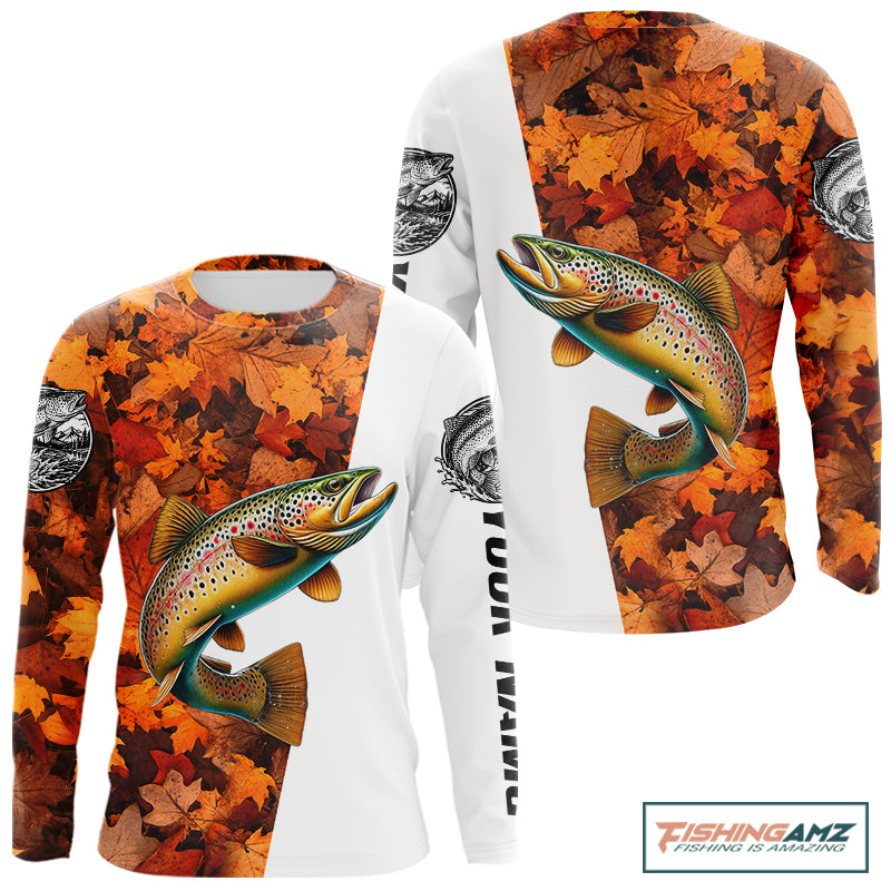 Autumn Brown Trout Fishing Shirt For Men, Fall Trout Long Sleeve Fishing Jersey NHT1760