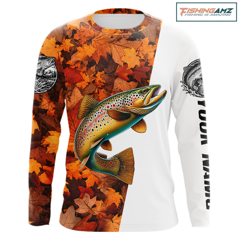 Autumn Brown Trout Fishing Shirt For Men, Fall Trout Long Sleeve Fishing Jersey NHT1760