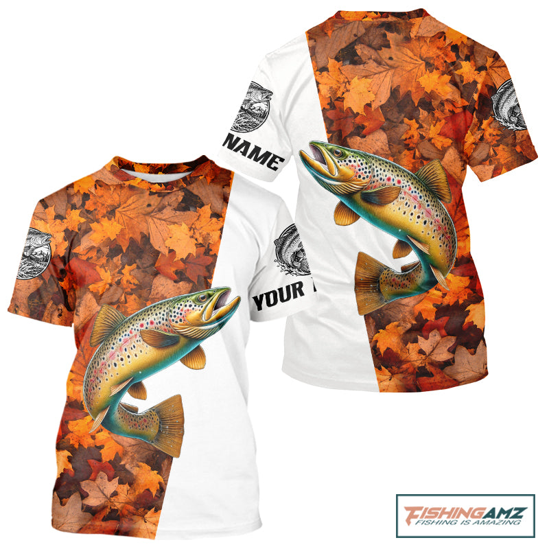 Autumn Brown Trout Fishing Shirt For Men, Fall Trout Short Sleeve Fishing Jersey NHT1760