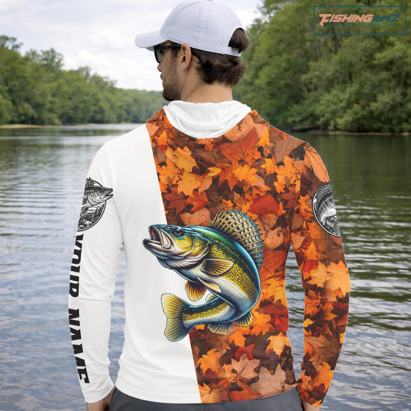 Autumn Walleye Hooded Fishing Shirt For Men, Fall Walleye Long Sleeve Fishing Jersey NHT1761