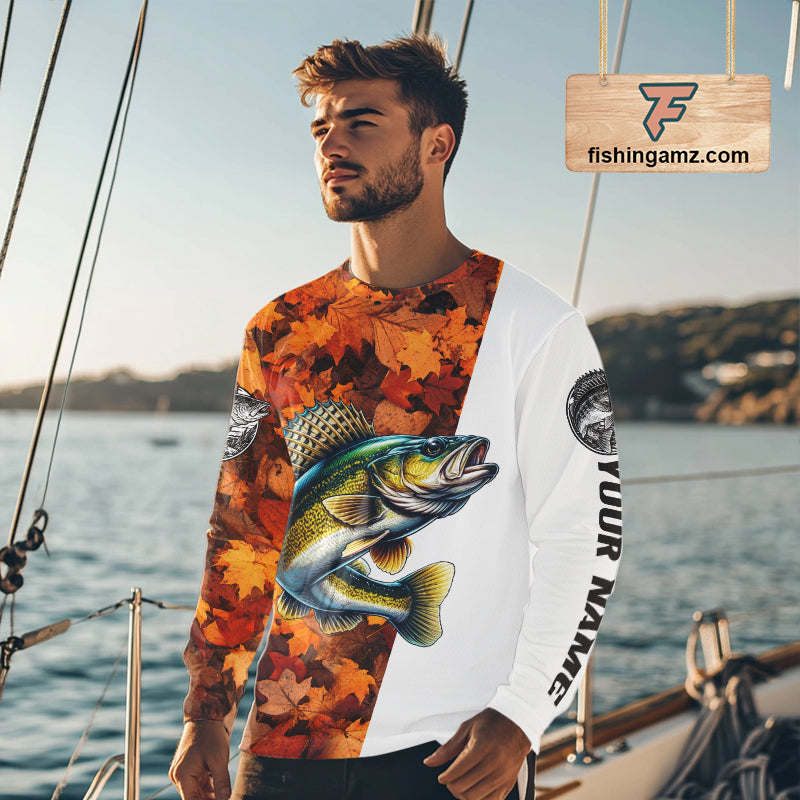 Autumn Walleye Fishing Shirt For Men, Fall Walleye Long Sleeve Fishing Jersey NHT1761