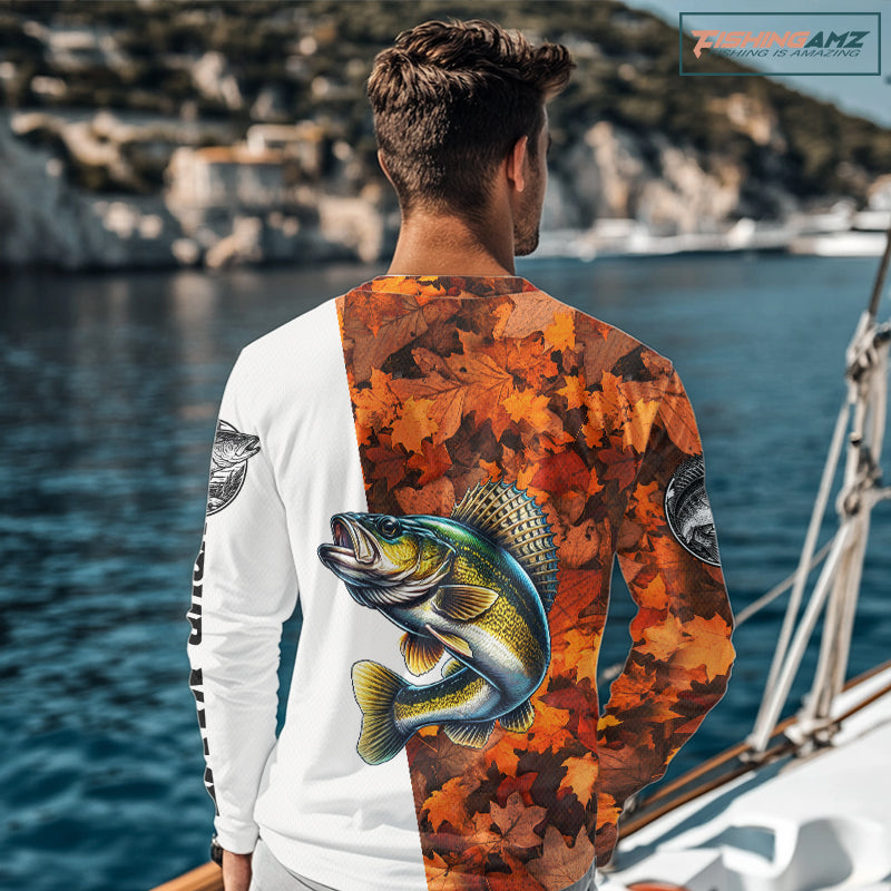 Autumn Walleye Fishing Shirt For Men, Fall Walleye Long Sleeve Fishing Jersey NHT1761