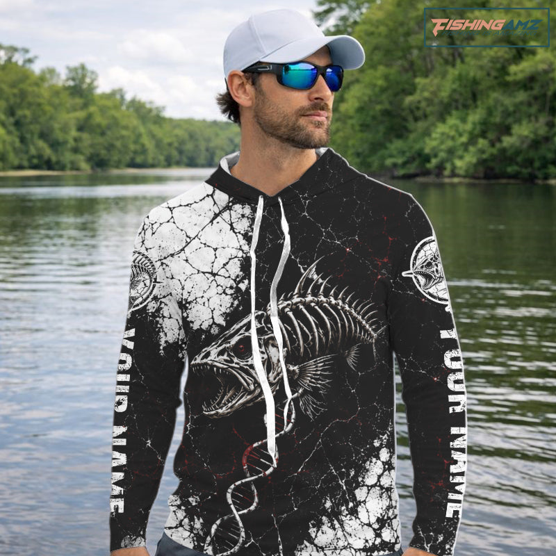 Skeleton Fish Long Sleeve Hooded Shirt DNA Helix Graphic Fishing Lover 3D Print Angler Gift Apparel 