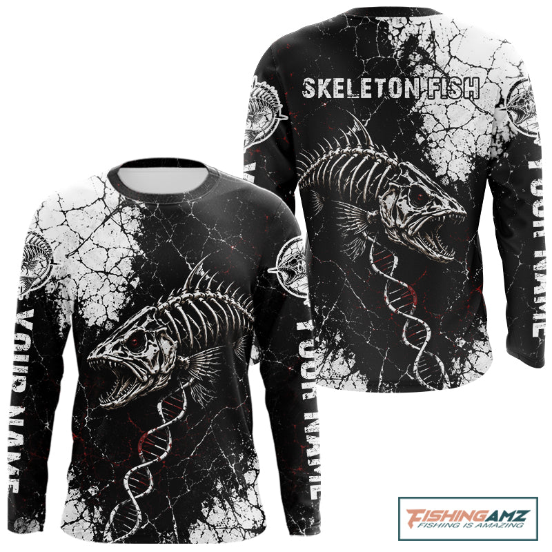 Skeleton Fish Long Sleeve Shirt DNA Helix Graphic Fishing Lover 3D Print Angler Gift Apparel 