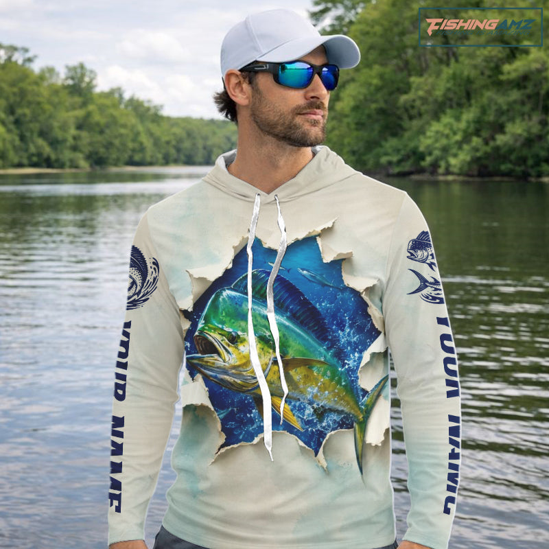 Mahi Mahi Fishing Long Sleeve Hooded Shirt 3D Ocean Fish Graphic Angler Gift For Fishing Lovers 