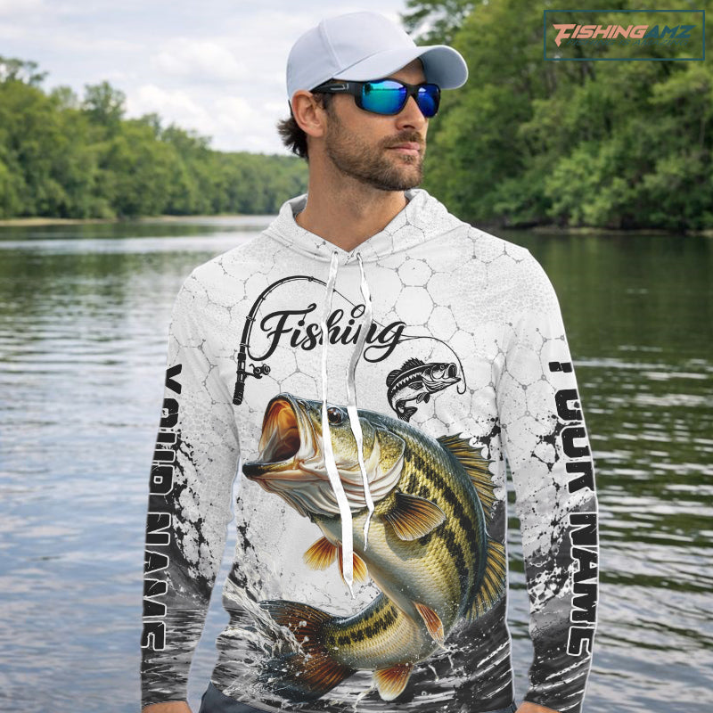Custom Name Bass Fishing Long Sleeve Hooded Performance Shirt, Bass Gift For Men 