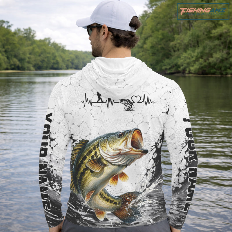 Custom Name Bass Fishing Long Sleeve Hooded Performance Shirt, Bass Gift For Men 