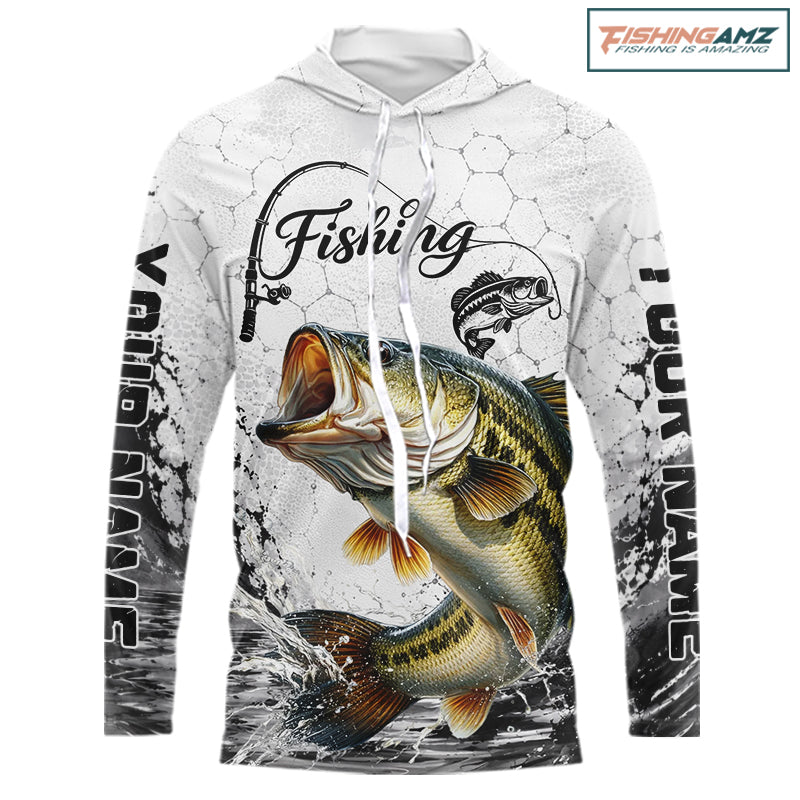 Custom Name Bass Fishing Long Sleeve Hooded Performance Shirt, Bass Gift For Men 