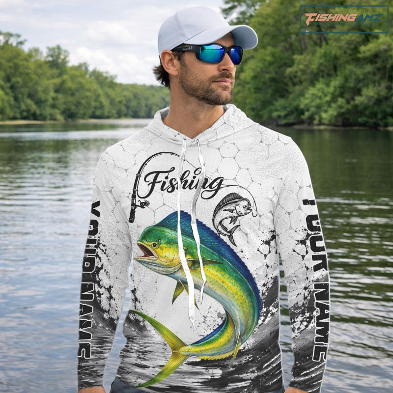 Custom Name Mahi Mahi Fishing Long Sleeve Hooded Performance Shirt, Dolphin Gift For Men 