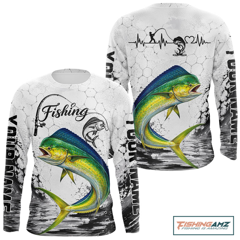 Custom Name Mahi Mahi Fishing Long Sleeve Performance Shirt, Dolphin Gift For Men 